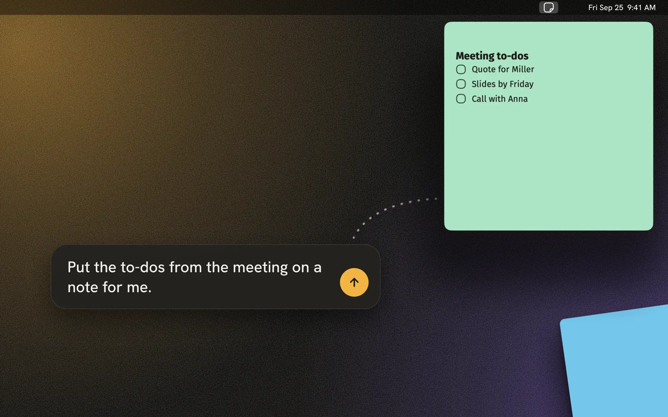 Stacco with the AI connection: a chat line reads "Put the to-dos from the meeting on a note for me." with a send button. Under the Stacco icon in the menu bar hangs a mint note, "Meeting to-dos", with three open items.