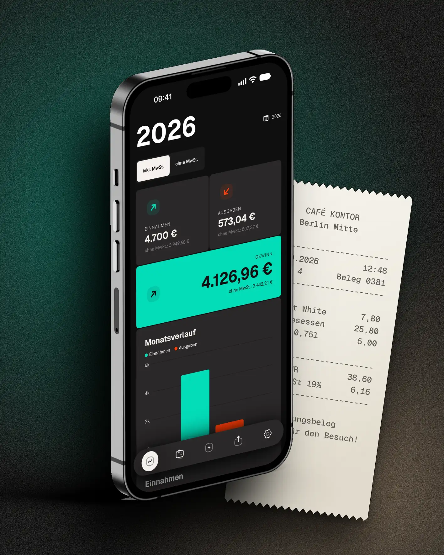 Quitto auf dem iPhone: das Dashboard mit Einnahmen, Ausgaben und Gewinn, daneben ein Kassenbon.