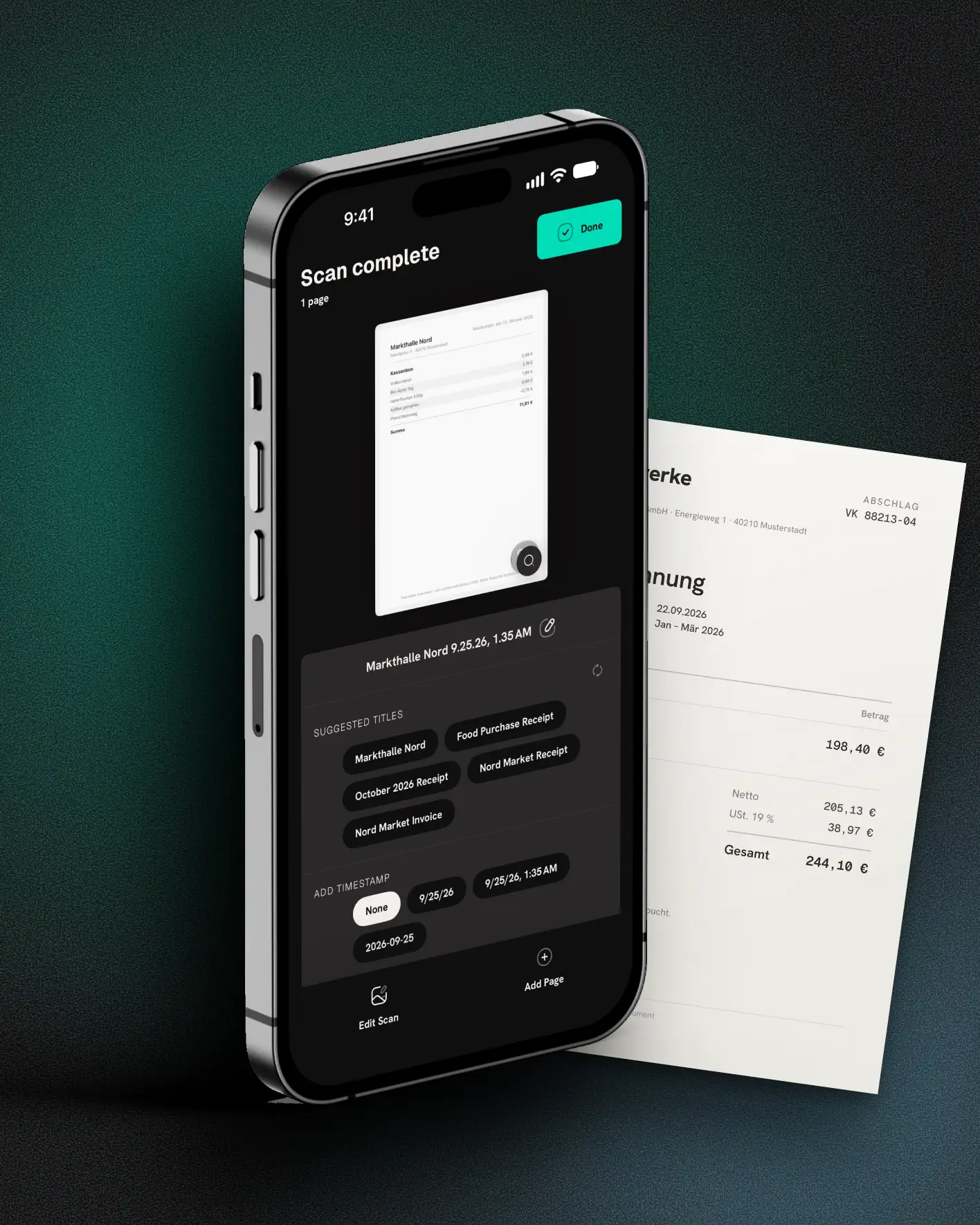 Mirino on an iPhone: a finished scan with title suggestions and a timestamp, a letter behind it.