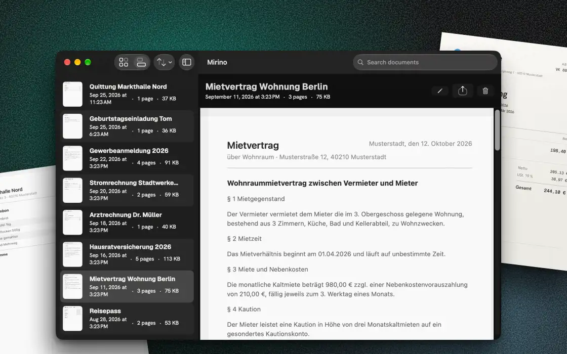 Mirino on a Mac: the document list on the left, a preview of a rental contract on the right.