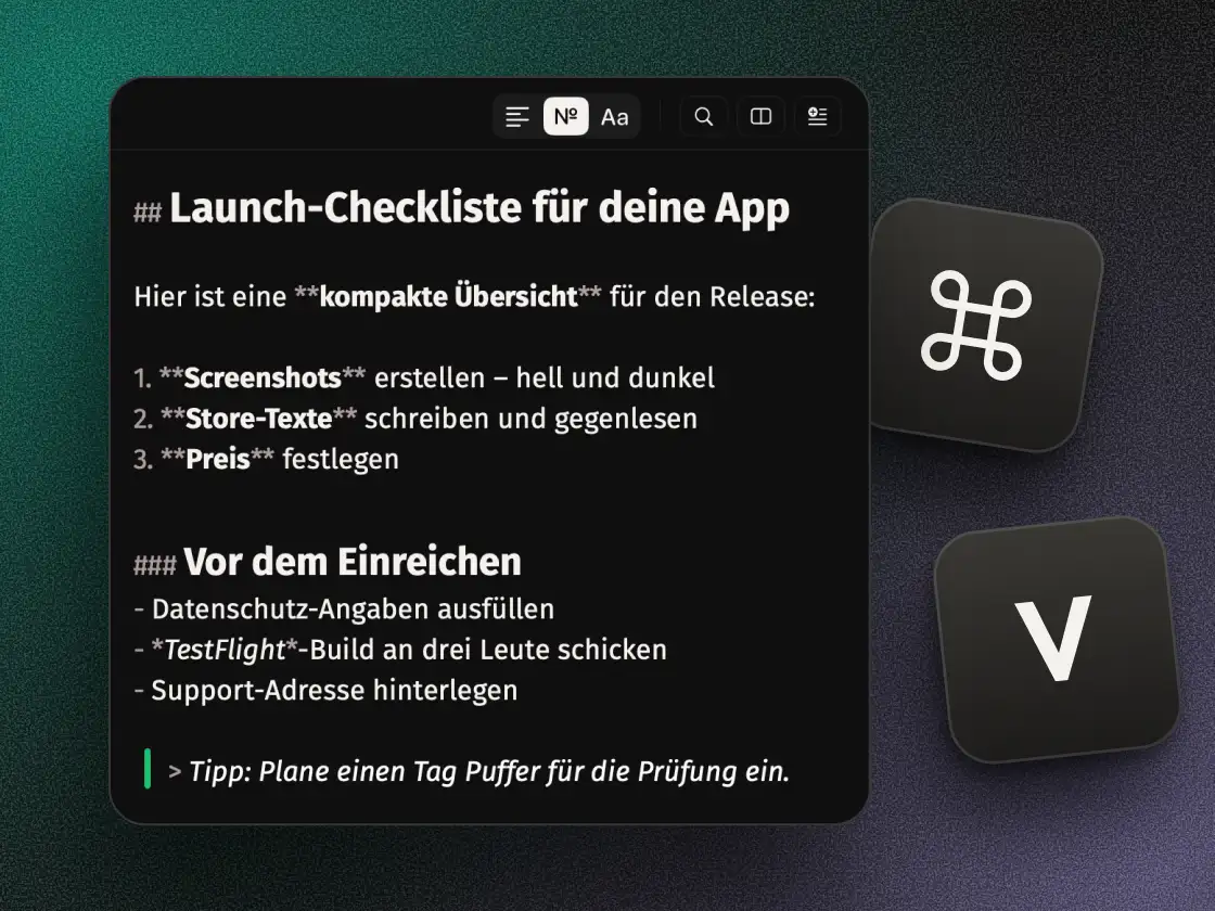 Piuma in der Markdown-Ansicht: der Text mit sichtbaren Zeichen wie ## und **, daneben die Tasten ⌘ V.