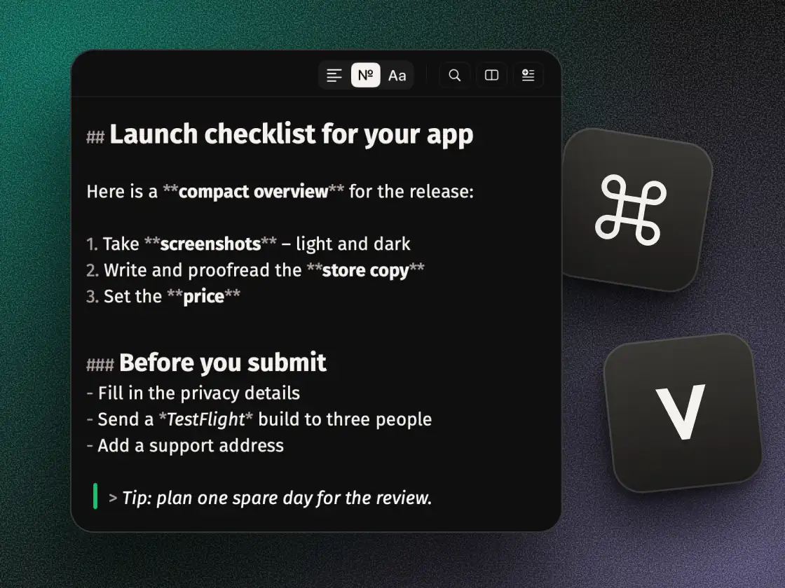 Piuma in the Markdown view: the text with visible marks like ## and **, the keys ⌘ V beside it.
