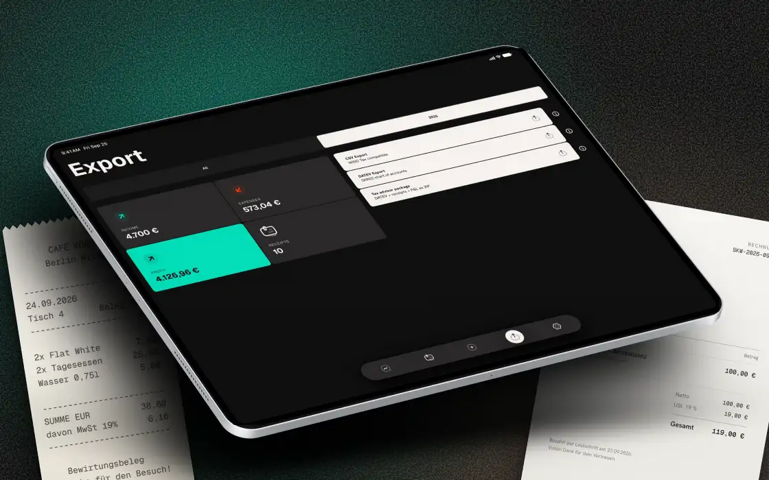 Quitto on an iPad: the export view with CSV, DATEV and the tax-advisor package.